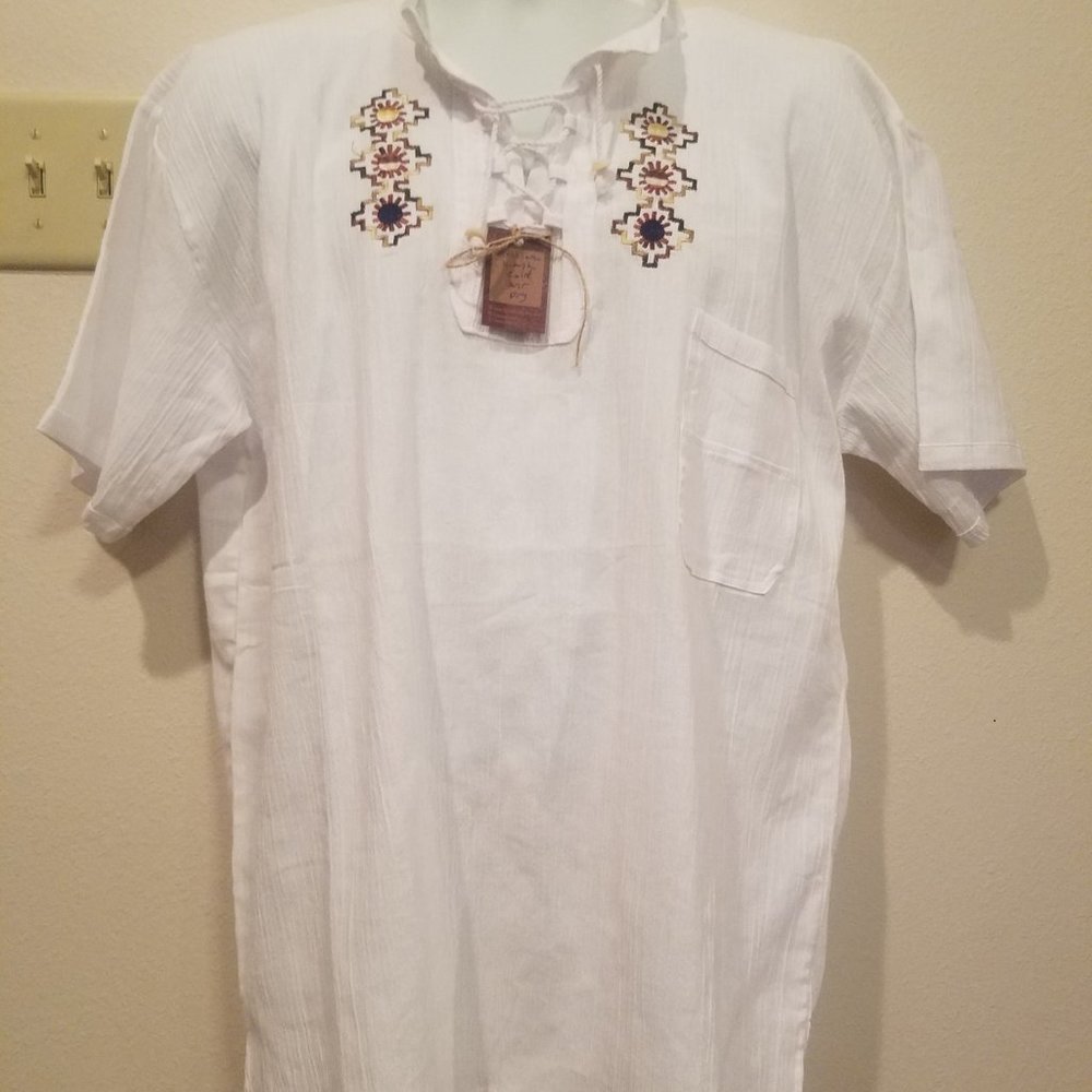 Llama Llamita Mexican Style Embroidered Cotton Gauze Shirt, Lace-Up Tie,  NWT